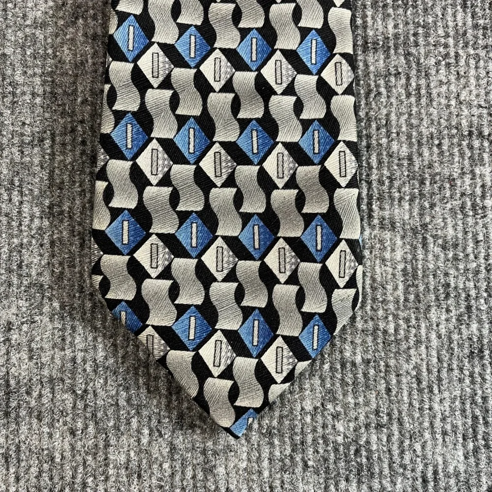 Carlos Devenezia Mens Silk Tie Blue Grey Black Geometric Handmade 60x4
